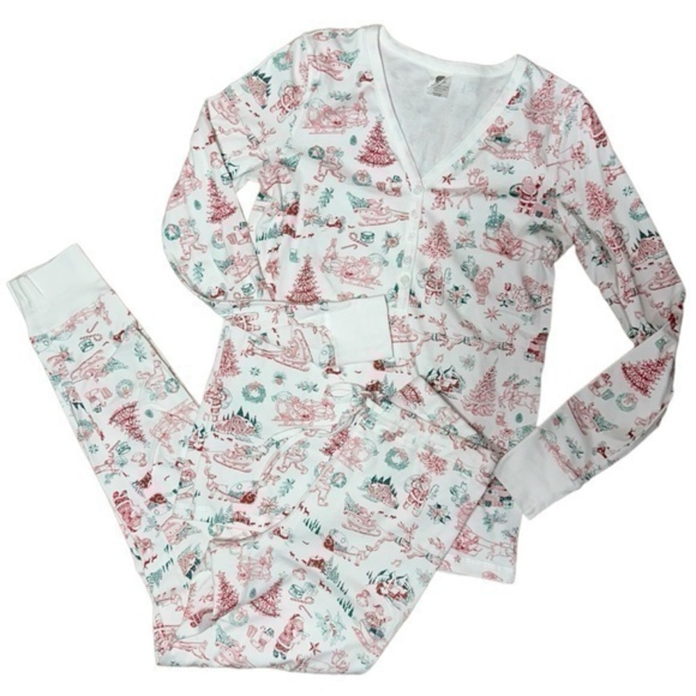 Gray Elephant Women’s Size XS White Santa Claus Print Henley Jogger Pajamas